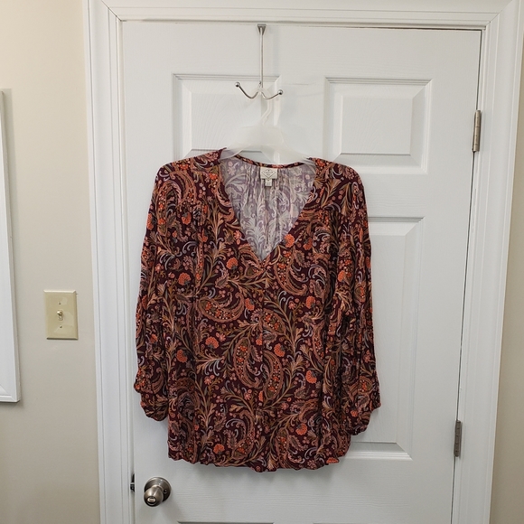 Soft, Slinky, pull over, purple, orange, paisley print tunic blouse 3X, NWT - Picture 2 of 14